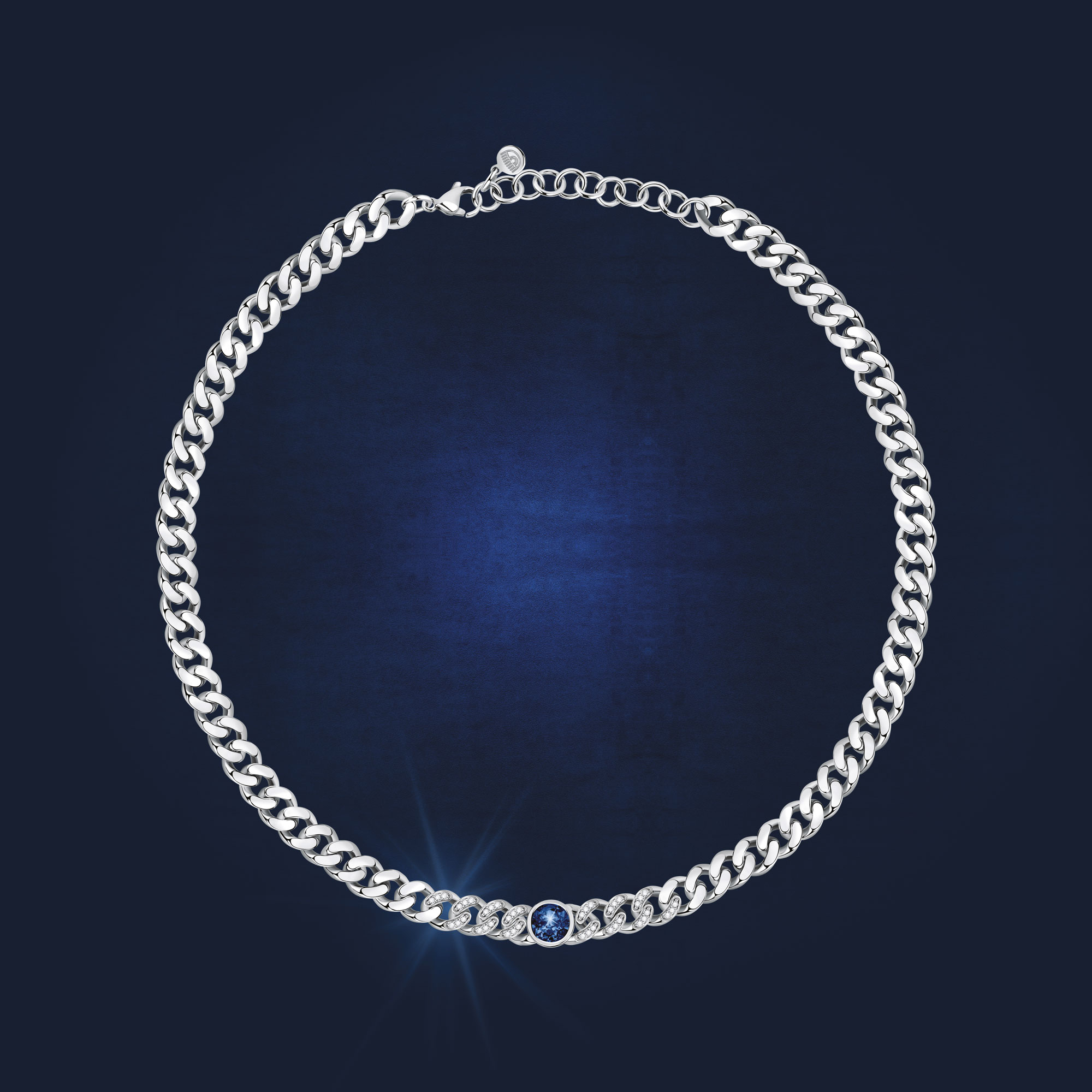CHAIN NECK SIV W/BLUE CZ 33+9CM