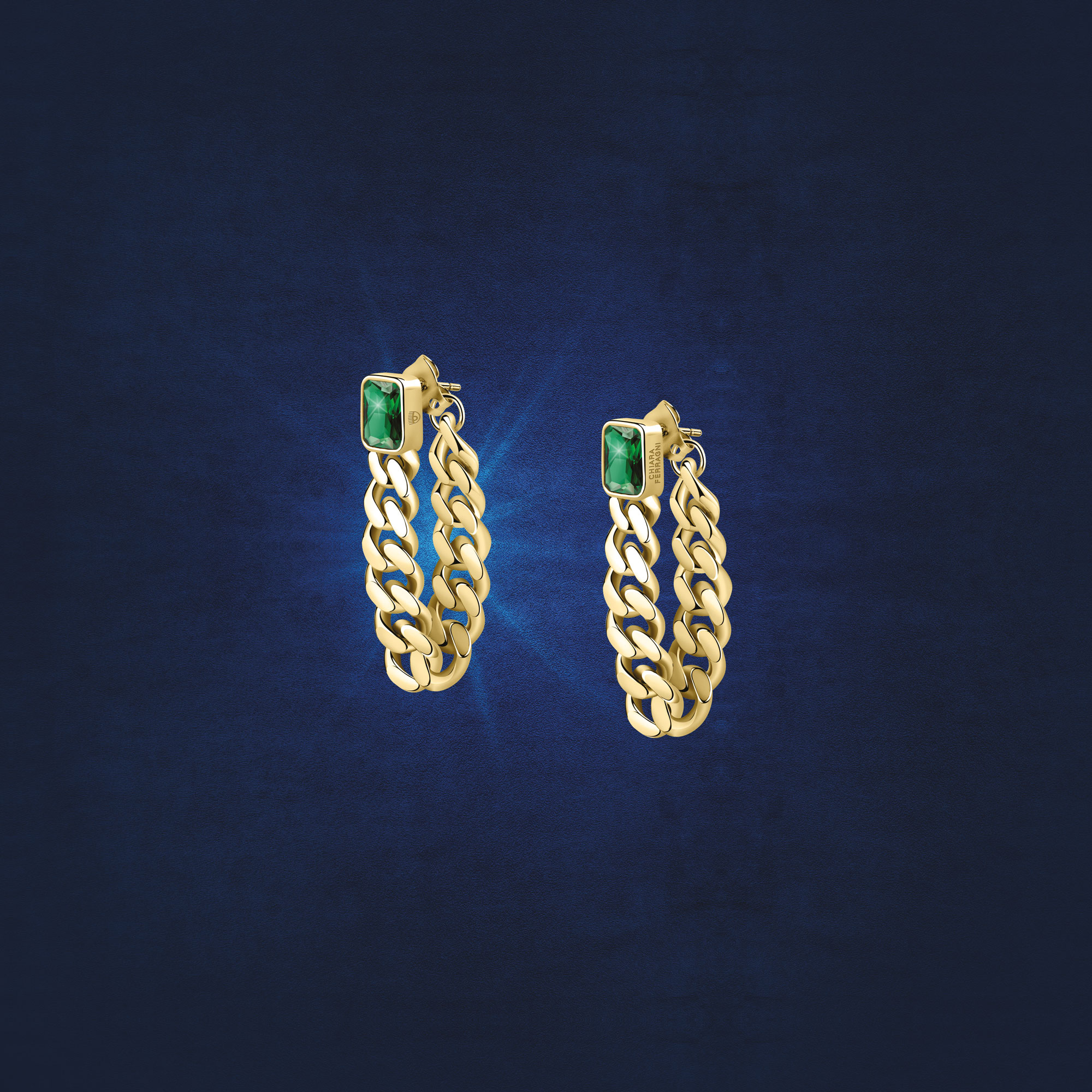 CHAIN EARRINGS YG+GREEN CZ 48MM