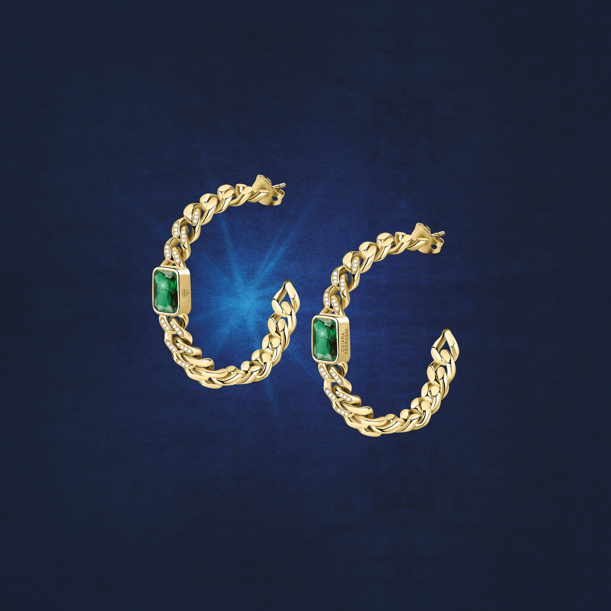 CHAIN EARRINGS YG+GREEN CZ 40MM